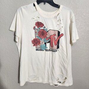 MTV Shirt Womens 2XL Distressed Graphic Music Television Flowers Tee Grunge